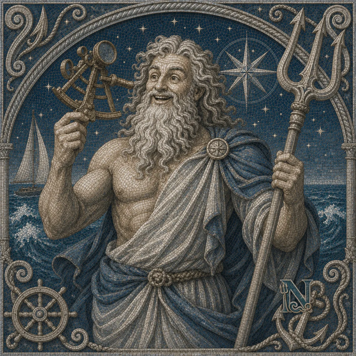 Uśmiechnięty Neptus z sekstantem pod gwiazdami