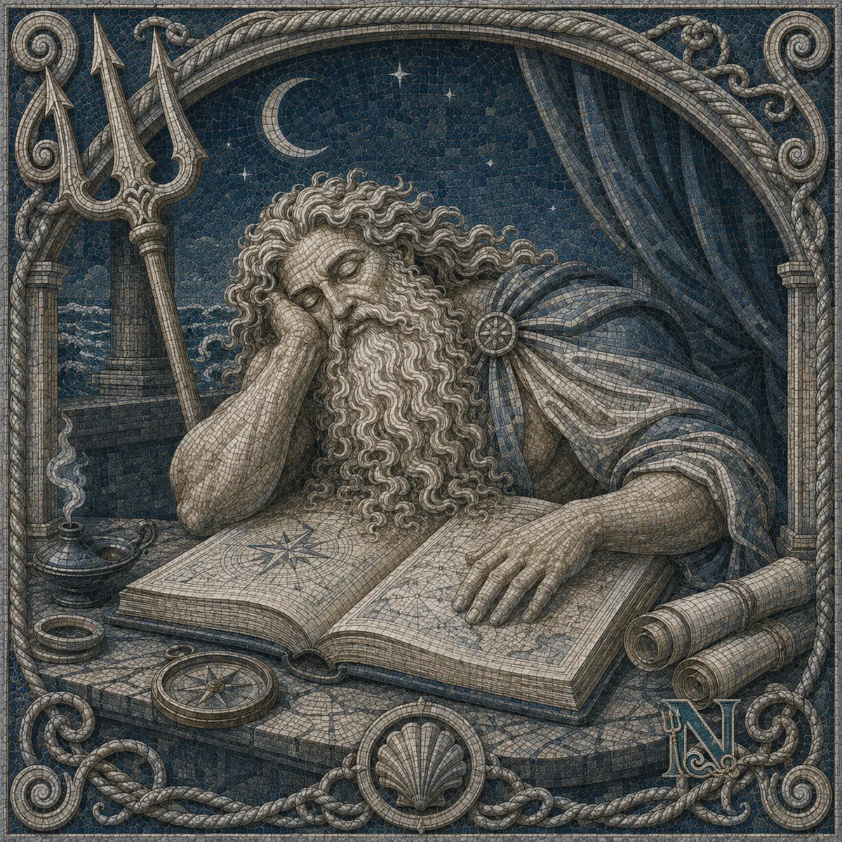 Znudzony Neptus nad otwartą księgą, nocą