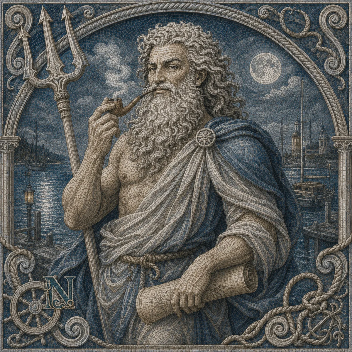 Neptus z fajką na tle nocnego portu