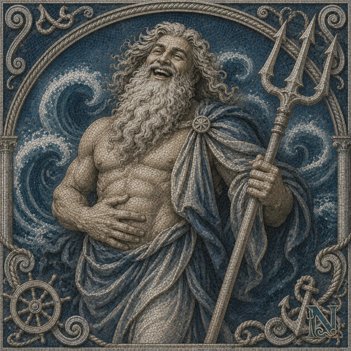 Roześmiany Neptus na tle fal