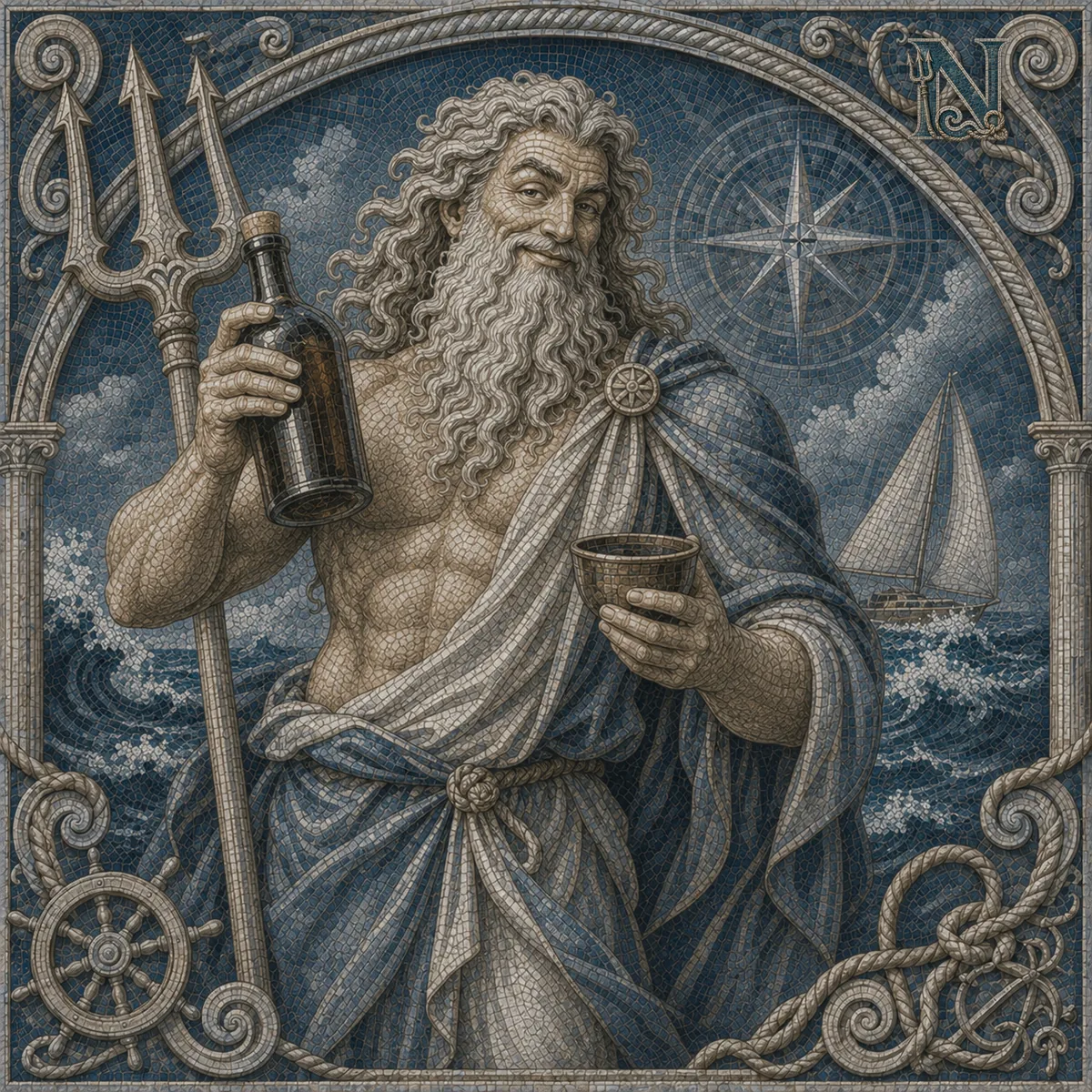 Neptus z butelką i kubkiem, wieczorem