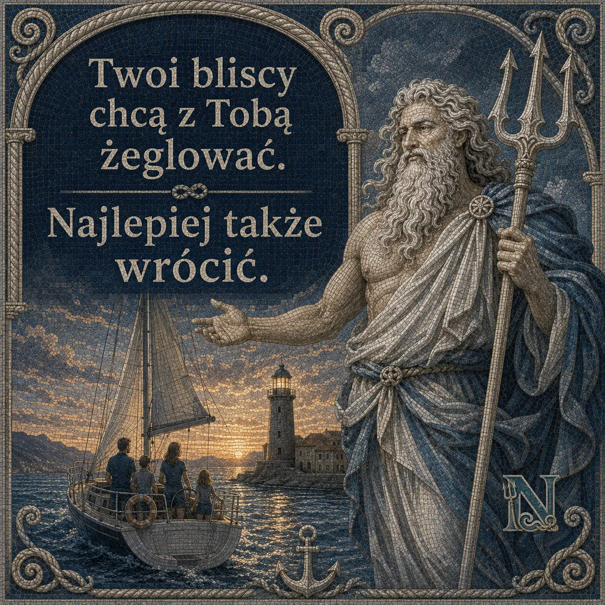 Neptus z tabliczką o bliskich, którzy chcą wrócić z rejsu