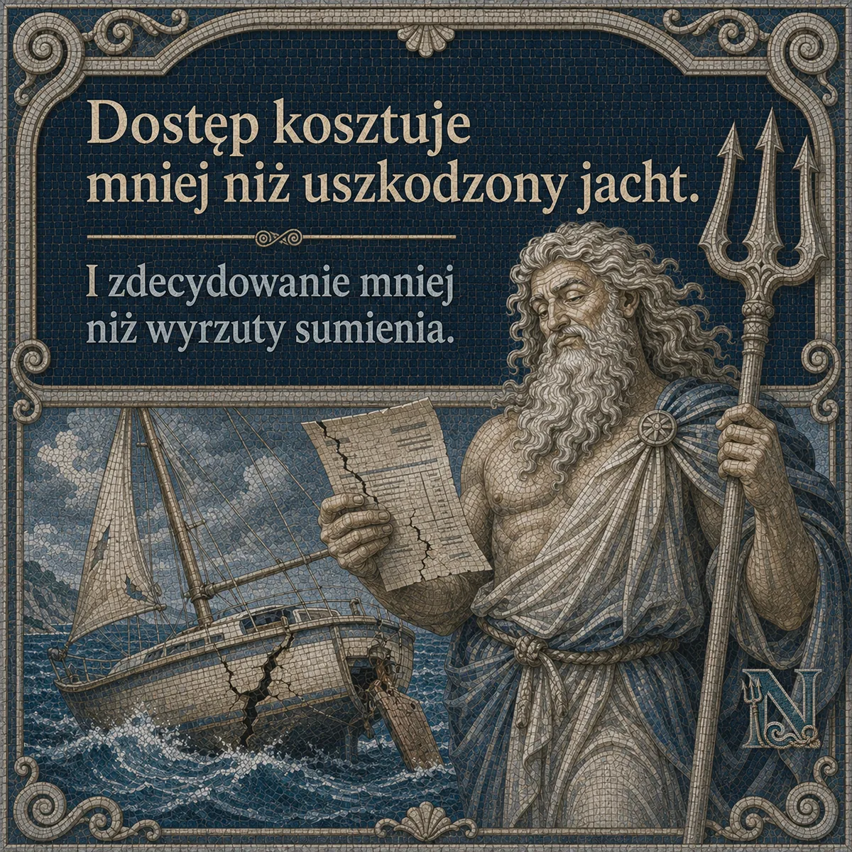 Neptus z tabliczką porównującą cenę dostępu z uszkodzonym jachtem