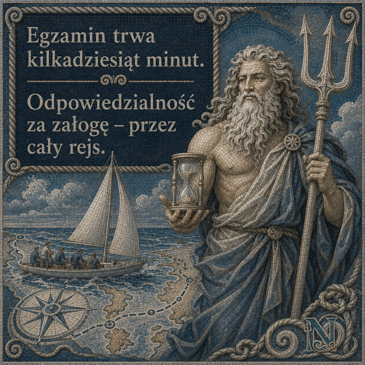 Neptus z tabliczką: egzamin trwa kilkadziesiąt minut, odpowiedzialność za załogę przez cały rejs